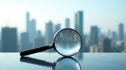 A magnifying glass over a financial newspaper, office building, and city map depicts business research and market analysis