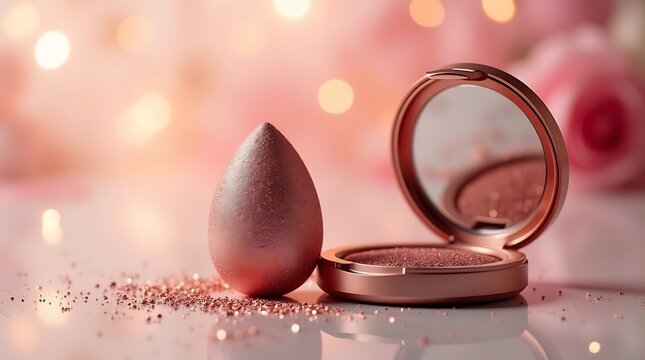 Wedding rings on a mirror and a wedding dress, with isolated beauty cosmetics like pink nail polish and cream