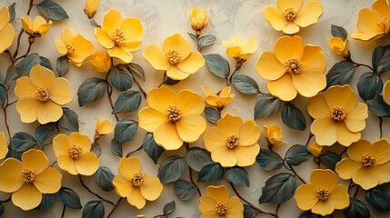 Decorative yellow flowers on textured wall background