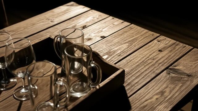 Wine glasses and beer mugs on wooden tray, barware collection for drinks.