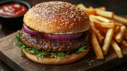 Delicious burger with fries on wooden board, ketchup in background