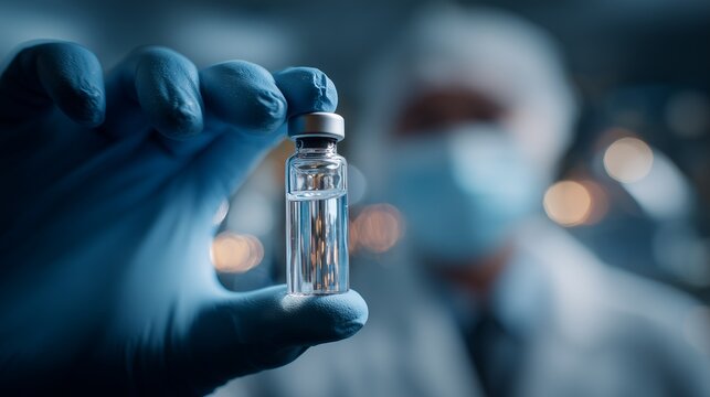 Scientist in protective gear holds a vial of clear liquid in gloved hand. Concept for pharmaceutical research, vaccine development and medical treatment.