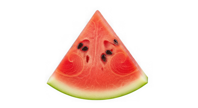 A triangular slice of juicy watermelon with red flesh and black seeds isolated on transparent background
