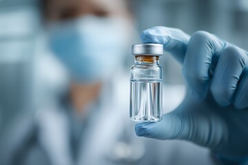 Close-up shot of doctor's hand in glove holding vaccine vial with liquid, concept for medical research, healthcare innovation and pharmaceutical development