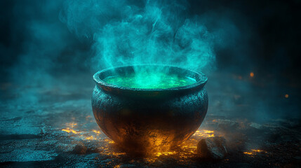 Dark cauldron steaming potent brew on fire, mystical ambiance