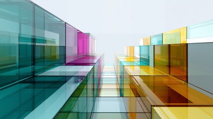 Abstract rendering of translucent colorful glass architecture, concept for architectural visualization, urban planning and structural engineering.