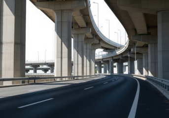 A multilevel highway overpass with concrete pillars and curving roads isolated on transparent background