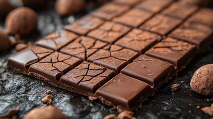 Dark chocolate bar squares on slate, truffles in background