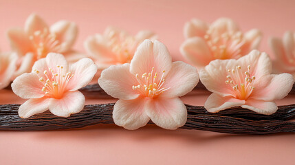 Delicate Pink Flowers and Vanilla Pods on Pastel Background