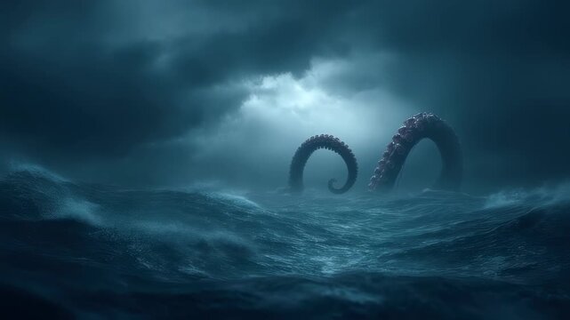 A cinematic lowangle view of a colossal tentacle breaching the rough sea surface dramatically outlined against the backdrop of a brewing storm highlighting natures raw power.