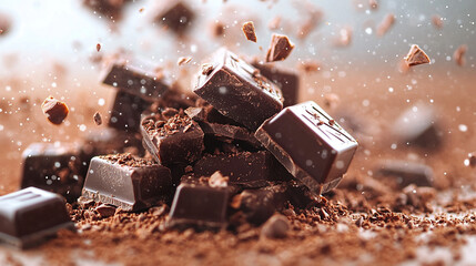 Dark chocolate chunks exploding in cocoa powder