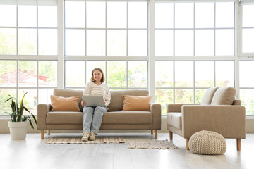 Young woman with laptop sitting on grey couch near window at home