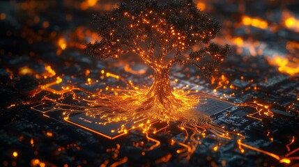 Digital tree of knowledge made of luminous circuits and branches sprouting from a glowing chip on a circuit board, visualizing the fusion of artificial intelligence and nature in a futuristic concept