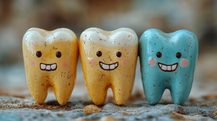 Cute cartoon teeth, showing plaque removal, on a rustic surface