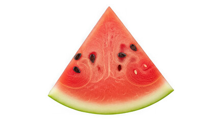 A juicy slice of ripe watermelon with black seeds and a green rind, isolated on a transparent background