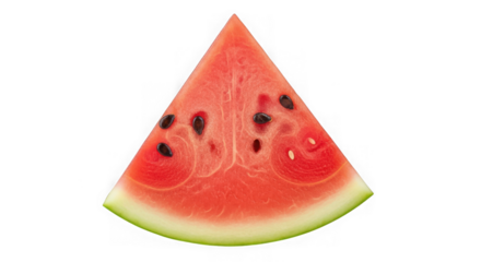 A juicy slice of ripe watermelon with black seeds and a green rind, isolated on a transparent background