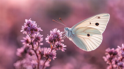 Delicate White Butterfly on Pink Flowers, Soft Light