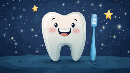 Cute cartoon tooth brushing at night