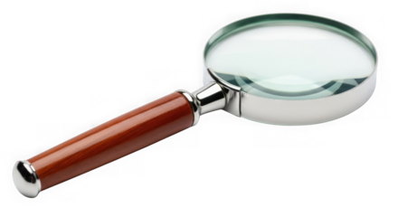 A classic magnifying glass with a wooden handle and a clear lens, isolated on a transparent background