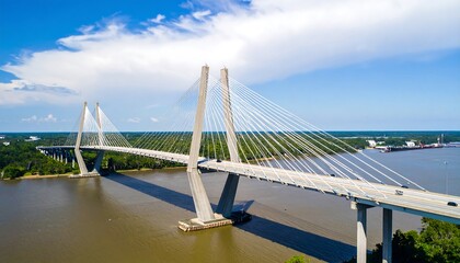 Fototapeta premium Aerial view of Eugene Talmadge Memorial Bridge over Savannah River with a skyline