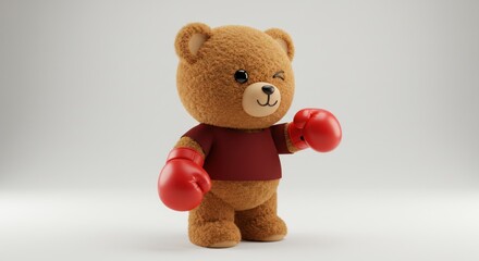 A fluffy brown teddy bear, winking, poses in boxing gloves and a maroon shirt against a white gradient background, ready to playfully fight