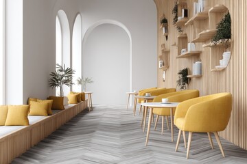 Cafe Interior Cozy Yellow Chairs and Shelves