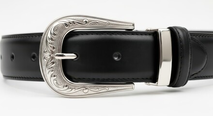 Close up of a detailed silver and black leather belt buckle