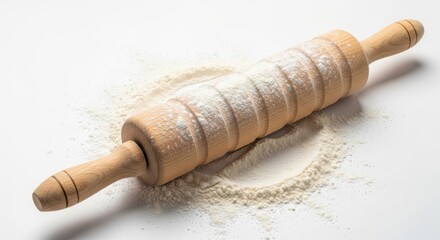 Wooden rolling pin covered in flour on a white surface