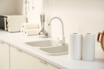 Rolls of paper towels near sink in kitchen