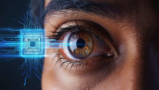Extreme close-up of a human eye looking at a floating luminous microchip, illustrating futuristic AI control, technological vision enhancement, human connection with cybernetic intelligence systems. - Powered by Adobe