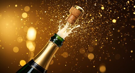 Champagne bottle with popping cork and splash.