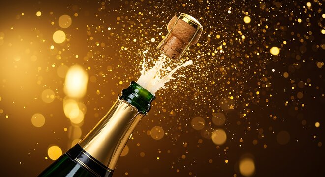 Champagne bottle with popping cork and splash. 