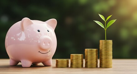 A pink piggy bank watches over stacks of golden coins that steadily increase, upon which a vibrant plant sprouts, symbolizing financial growth and prosperity.
