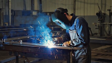 A male worker, welder in safety gear working with bright blue sparks, smoke inside a workshop, performing detailed metalwork using electric arc welding in a high-tech and controlled industrial space