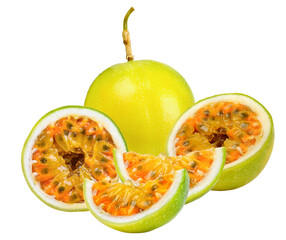 passion fruit, whole and halved, isolated on transparent background.