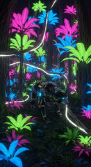 cyber jungle with glowing vines and robotic animals in 1980s-style color palette