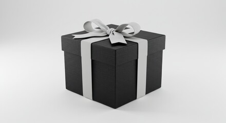 Obraz premium A grayscale rendering showcases a closed square box wrapped with a contrasting ribbon and bow, set against a plain background
