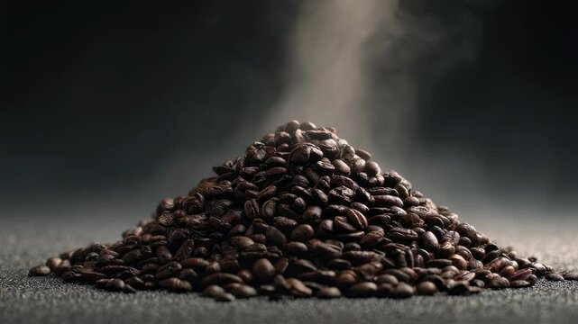 Overhead shot capturing a pyramid of roasted coffee beans on a contrasting surface with delicate steam ascending illustrating the brewing magic of aromatic coffee.