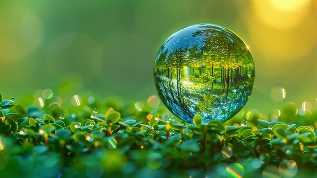 An extreme macro 3D animation capturing a perfect, spherical dew drop on a blade of green grass. The entire forest is beautifully refracted and visible inside the drop, creating a magical microcosm. S