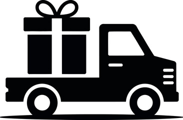 A black silhouette of a delivery truck carrying a gift box on a white background in a simple style