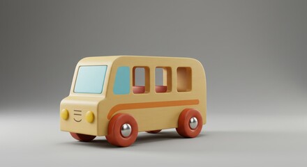 A cheerful, wooden toy vehicle, resembling a school bus, sits on a neutral gray surface. It has windows, smiling face and red wheels