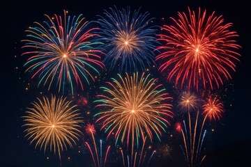 Fototapeta premium Spectacular fireworks celebration display with colorful pyrotechnics exploding against midnight sky creating festive atmosphere