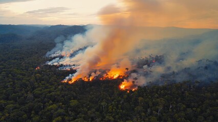 Fototapeta premium Massive wildfire engulfs tropical forest under golden sunset sky, with dark smoke clouds rising high, showing scale of environmental disaster and irreversible damage to climate and natural ecosystems