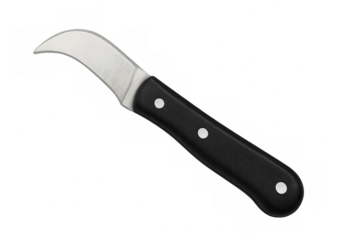 Gardening knife with black handle and curved blade on transparent background