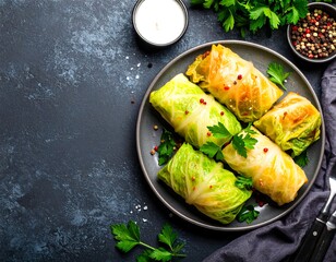 Cabbage rolls on a plate, garnished with herbs