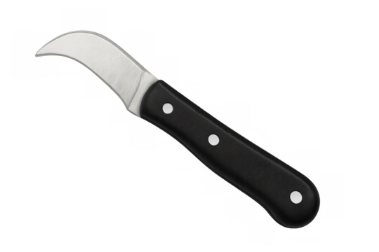 Gardening knife with black handle and curved blade on transparent background