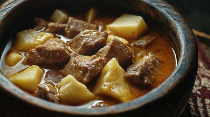 Hearty Stew with Tender Meat and Potatoes in Rustic Bowl