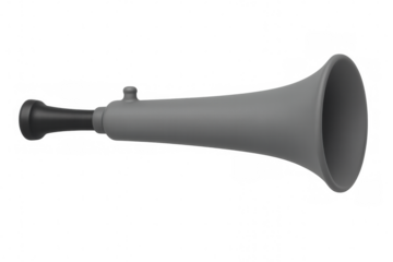 Plastic gray bullhorn blaring, isolated on clear backdrop, ideal for cheering crowds and festive moments