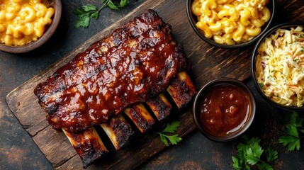 Juicy Barbecue Ribs with Macaroni, Coleslaw, and Sauces Spread