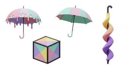 Abstract colorful shapes umbrellas and cube